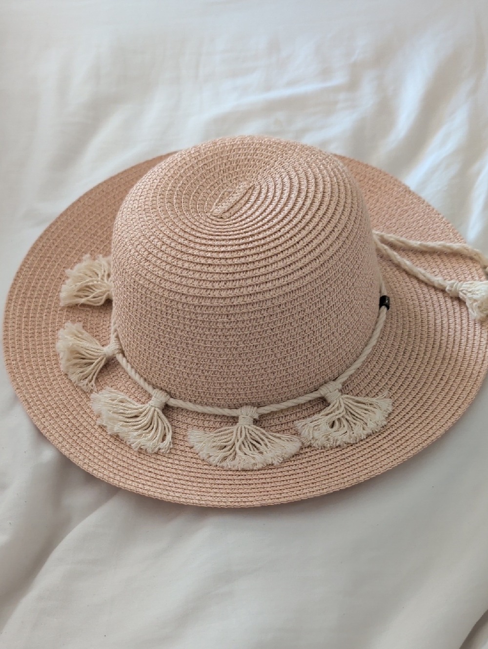 Blush Pink Straw Sun Hat with Tassel Trim